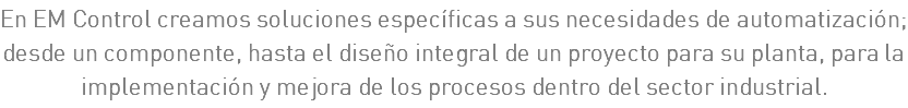 En EM Control creamos soluciones específicas a sus necesidades de automatización; desde un componente, hasta el diseño integral de un proyecto para su planta, para la implementación y mejora de los procesos dentro del sector industrial.