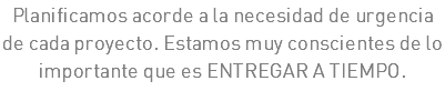 Planificamos acorde a la necesidad de urgencia de cada proyecto. Estamos muy conscientes de lo importante que es ENTREGAR A TIEMPO.