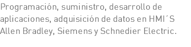 Programación, suministro, desarrollo de aplicaciones, adquisición de datos en HMI´S Allen Bradley, Siemens y Schnedier Electric.